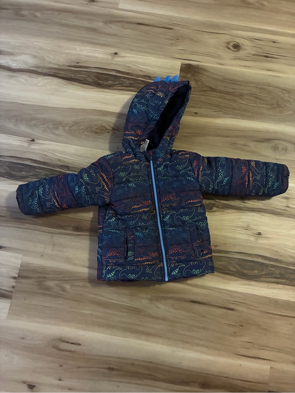 Kids Navy Dinosaur Puffer Jacket with Hood